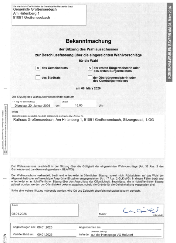 20260109 Bekanntmachung der Sitzung des Wahlausschusses zur Beschlussfassung über Wahlvorschläge Bürgermeister- und Gemeinderatswahl am 08.03.2026