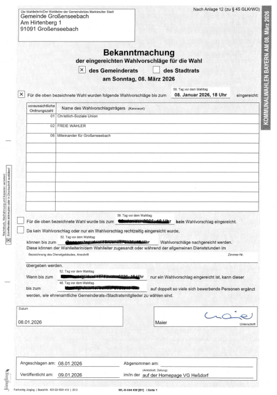 20260109 Bekanntmachung der eingereichten Wahlvorschläge des Gemeinderats Großenseebach 08.03.26