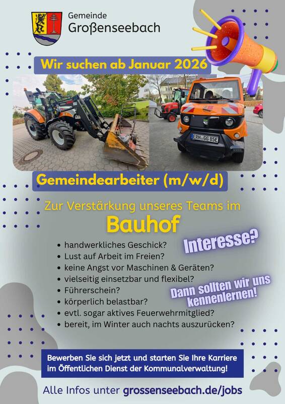 Stellenanzeige Gemeindearbeiter Großenseebach Januar 2026 - Plakat