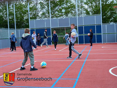 Neben je einem großen Fußballtor an den beiden Stirnseiten (Bildmitte) gibt es auch jeweils zwei kleine Tore in jeder langen Seite der Anlage. 