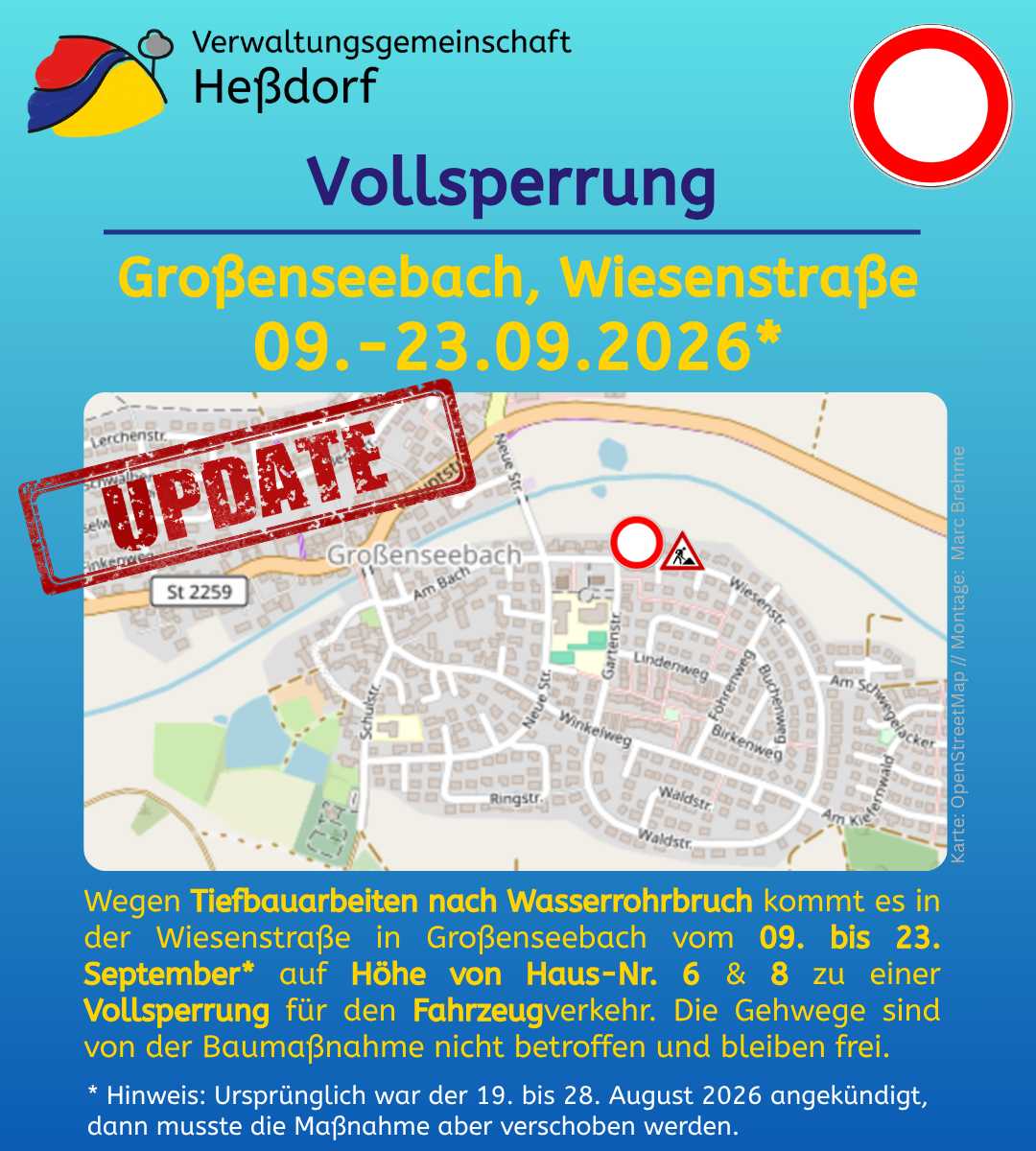 Vollsperrung Wiesenstraße Großenseebach 09.-23.09.26