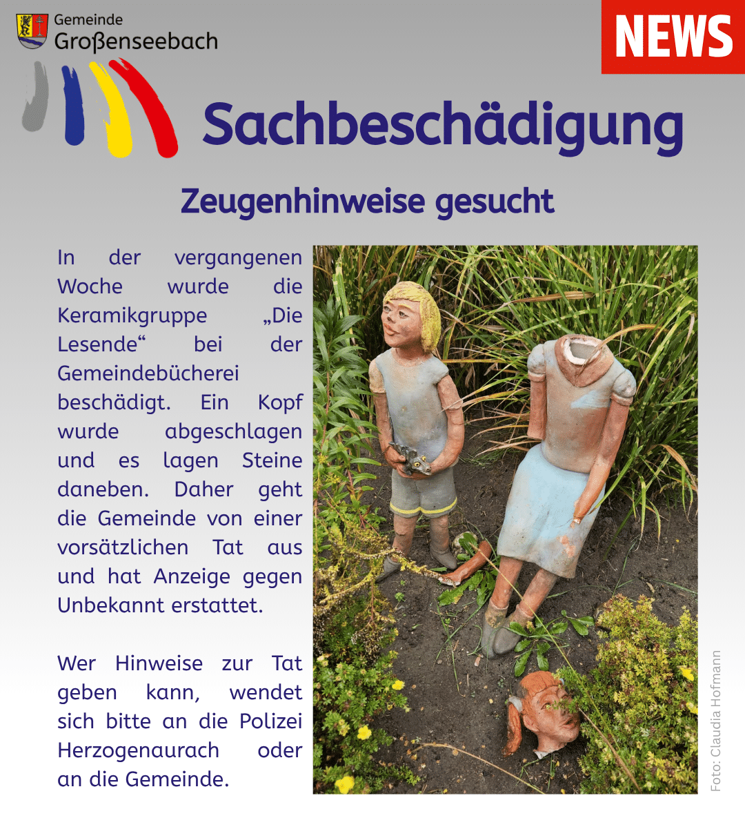 Sachbeschädigung Keramikgruppe Bücherei - Newsteaser
