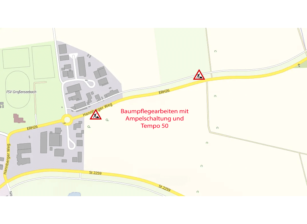 Wegen Baumpflegearbeiten wird die Kreisstraße zwischen Großenseebach und Hannberg teilgesperrt und der Verkehr mittels einer Ampelschaltung geregelt.